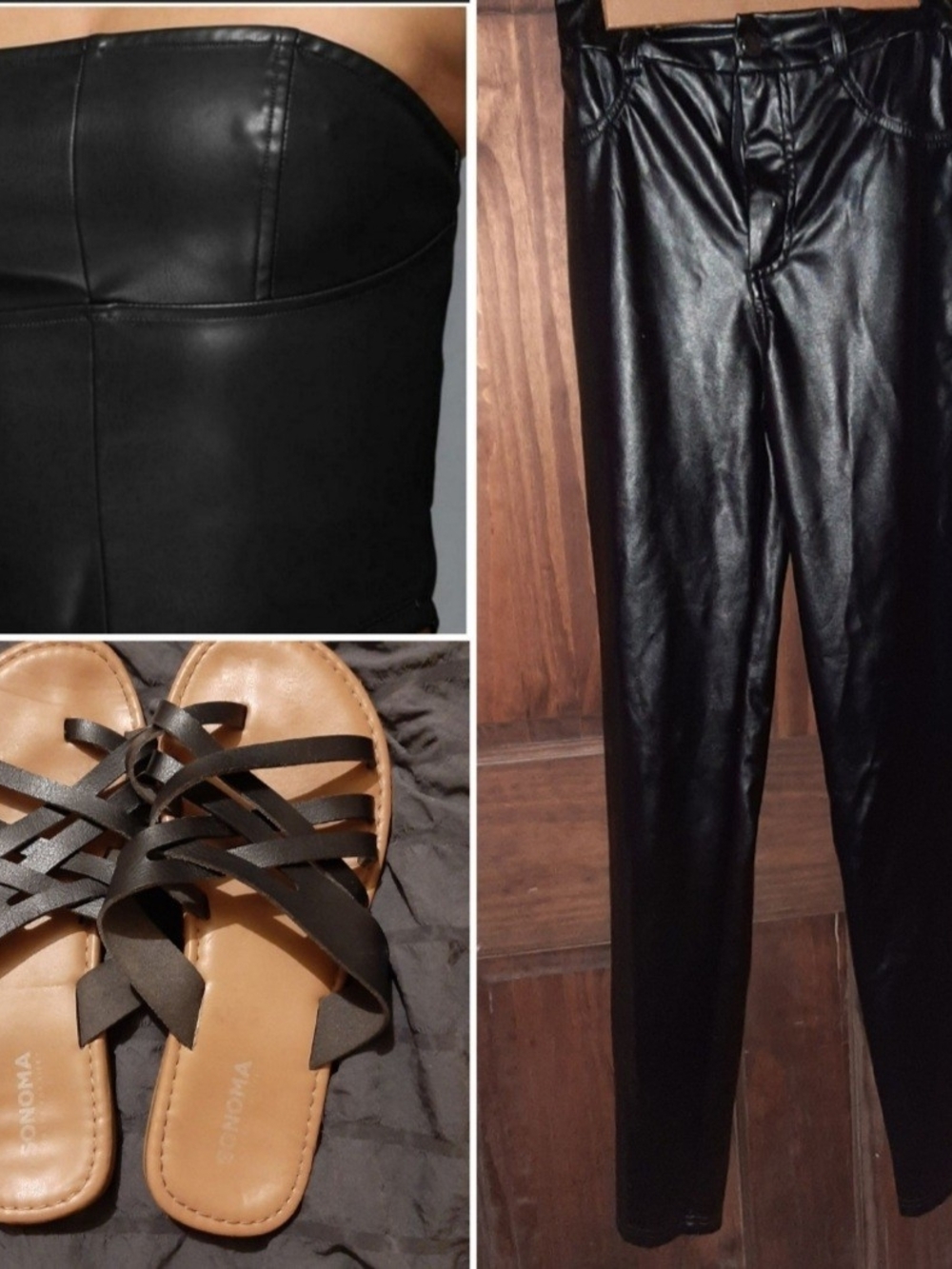 Black Faux Leather Skinny Pants Corset Style Crop Top Slip On Sandals